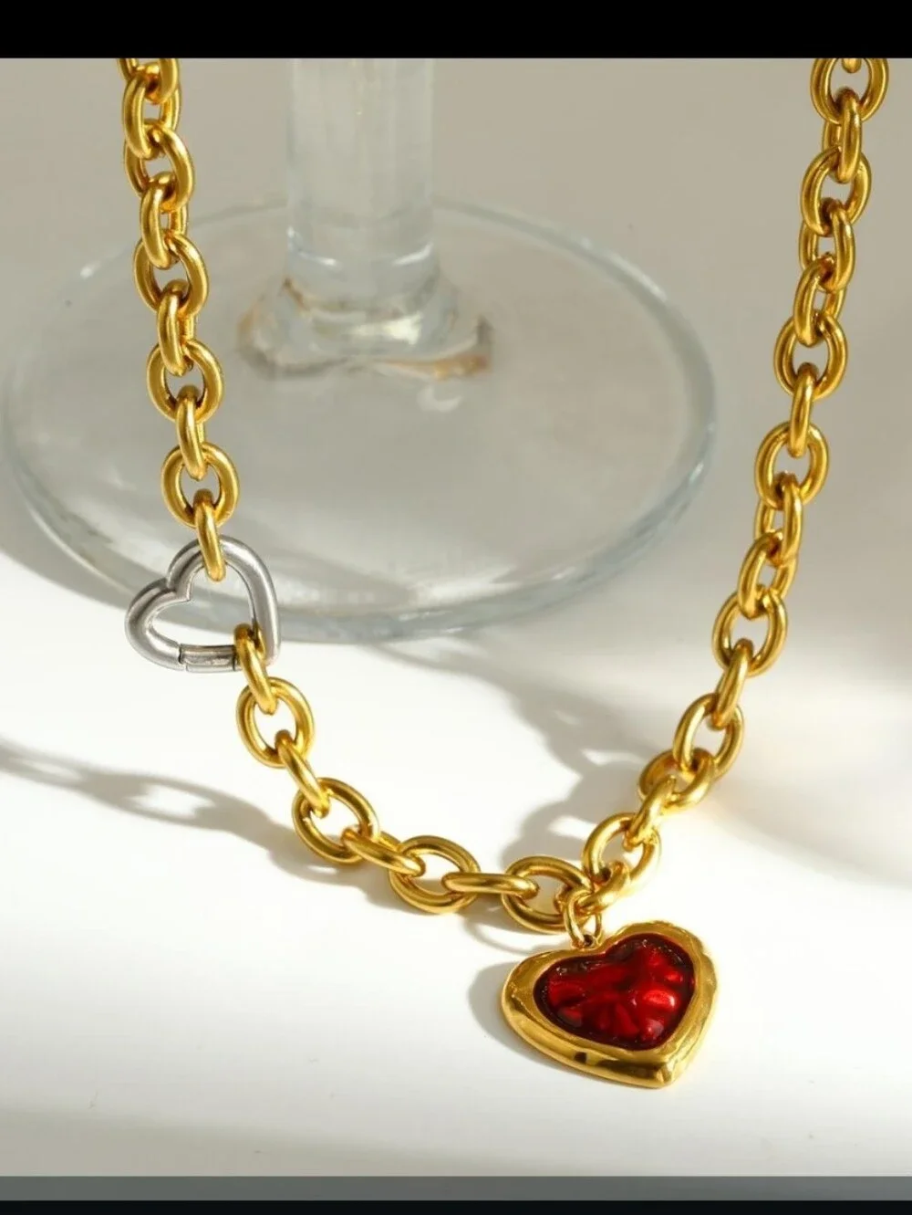 Gold Chunky Chain Necklace with Red Heart Pendant & Heart Carabiner Clasp